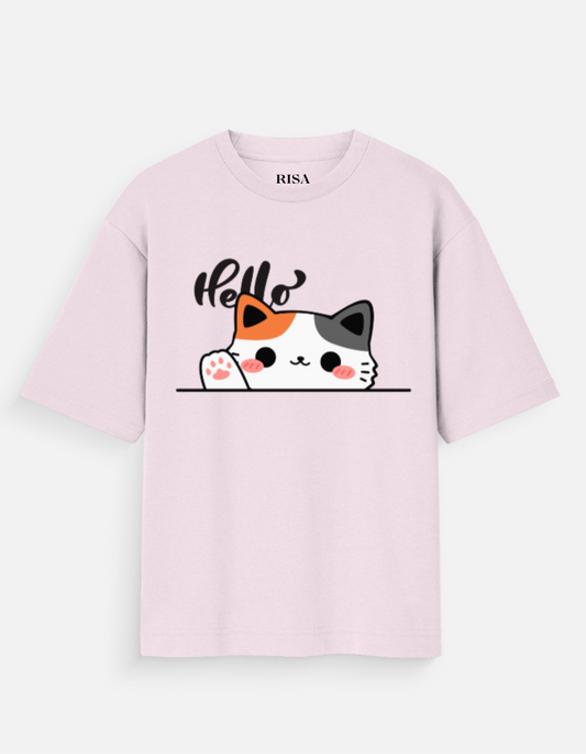 "Hello" Peeking Cat Graphic Printed T-Shirt | Unisex Cute & Casual Apparel