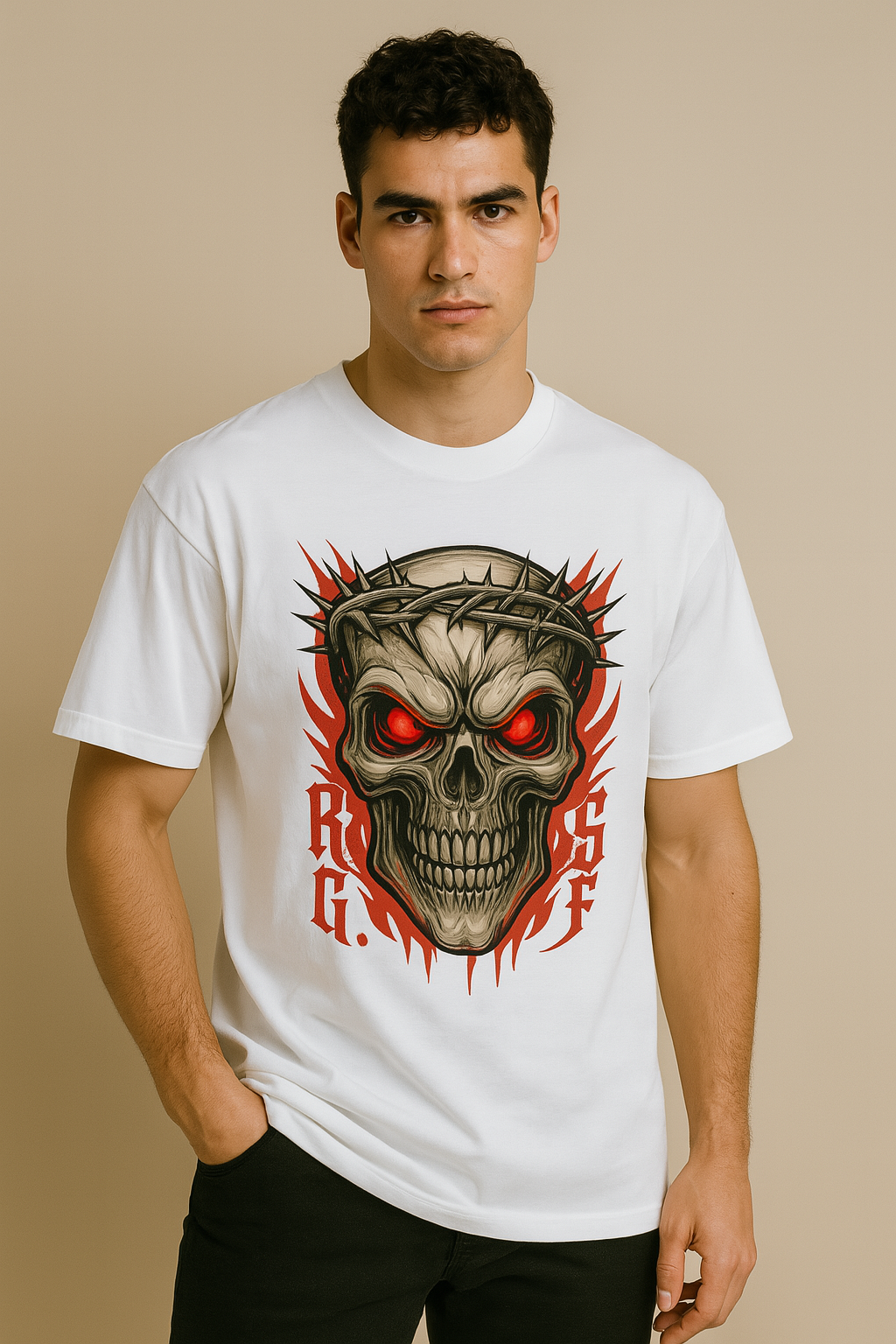 Fiery Skull with Crown of Thorns Graphic Printed T-Shirt | Unisex Edgy Apparel