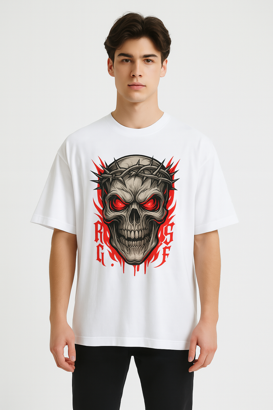 Fiery Skull with Crown of Thorns Graphic Printed T-Shirt