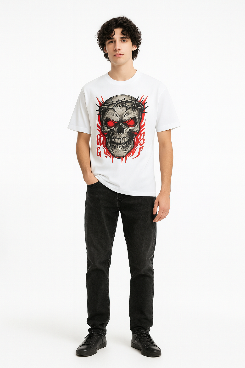 Fiery Skull with Crown of Thorns Graphic Printed T-Shirt | Unisex Edgy Apparel
