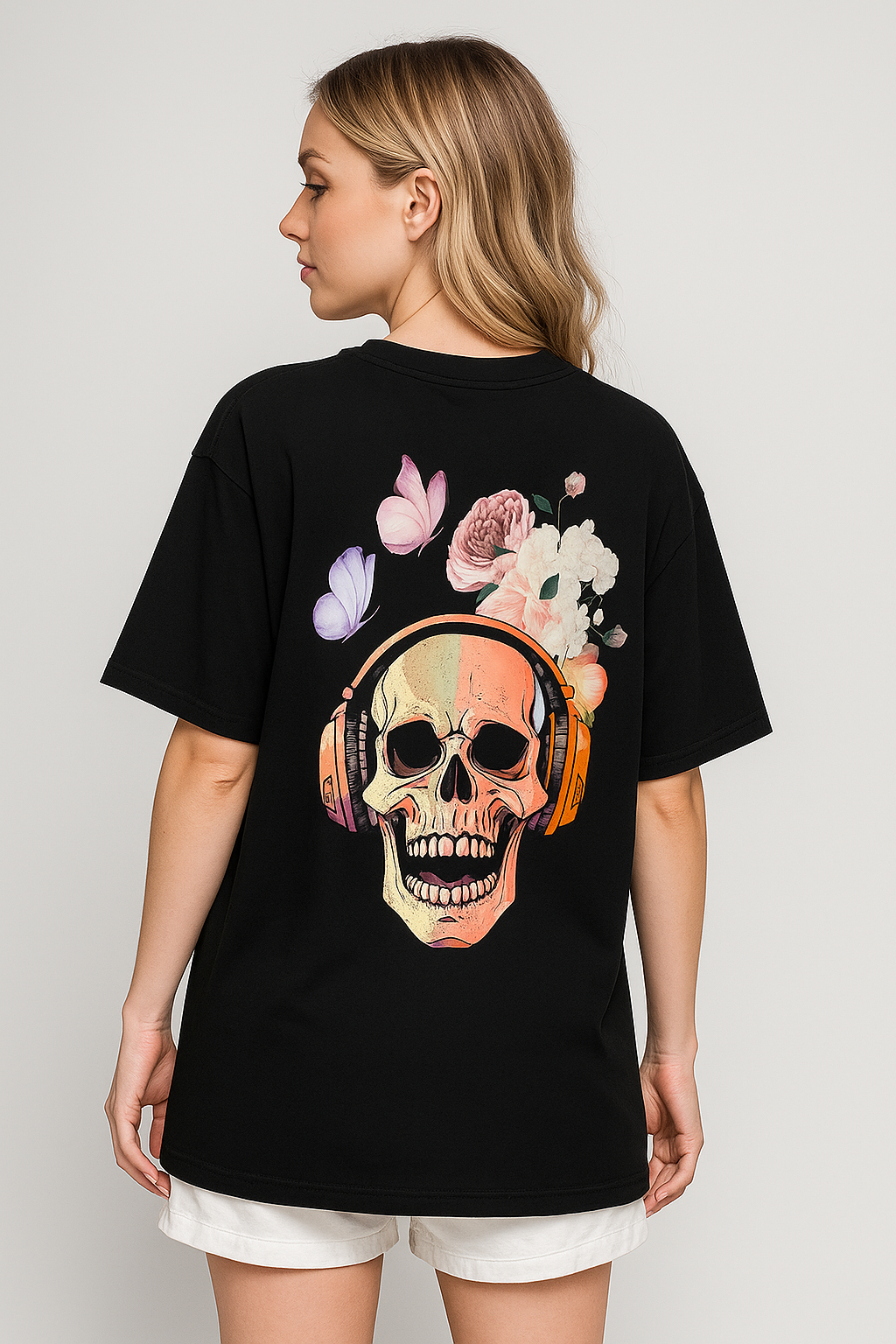 Skull with Headphones & Flowers Graphic Printed T-Shirt | Unisex Edgy & Floral Apparel