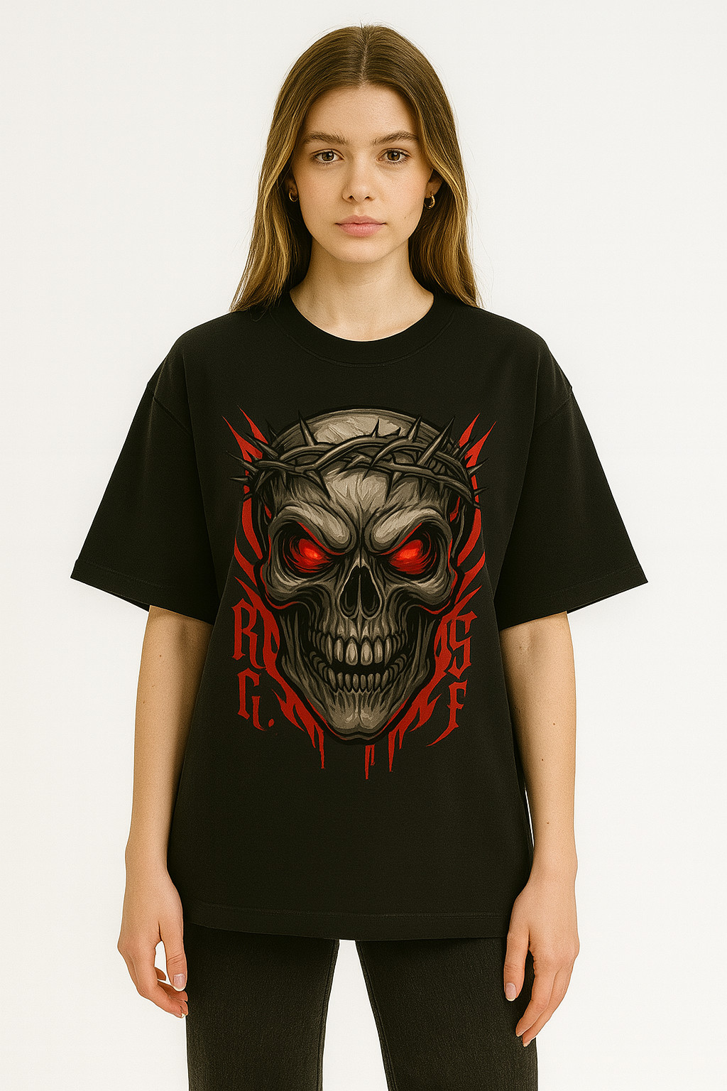 Fiery Skull with Crown of Thorns Graphic Printed T-Shirt | Unisex Edgy Apparel