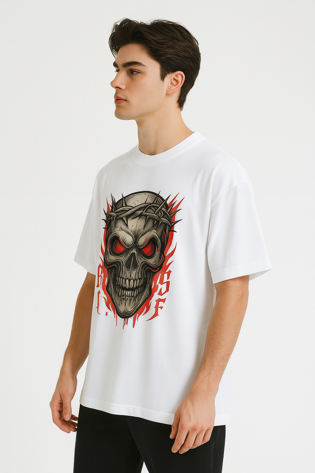 Fiery Skull with Crown of Thorns Graphic Printed T-Shirt | Unisex Edgy Apparel