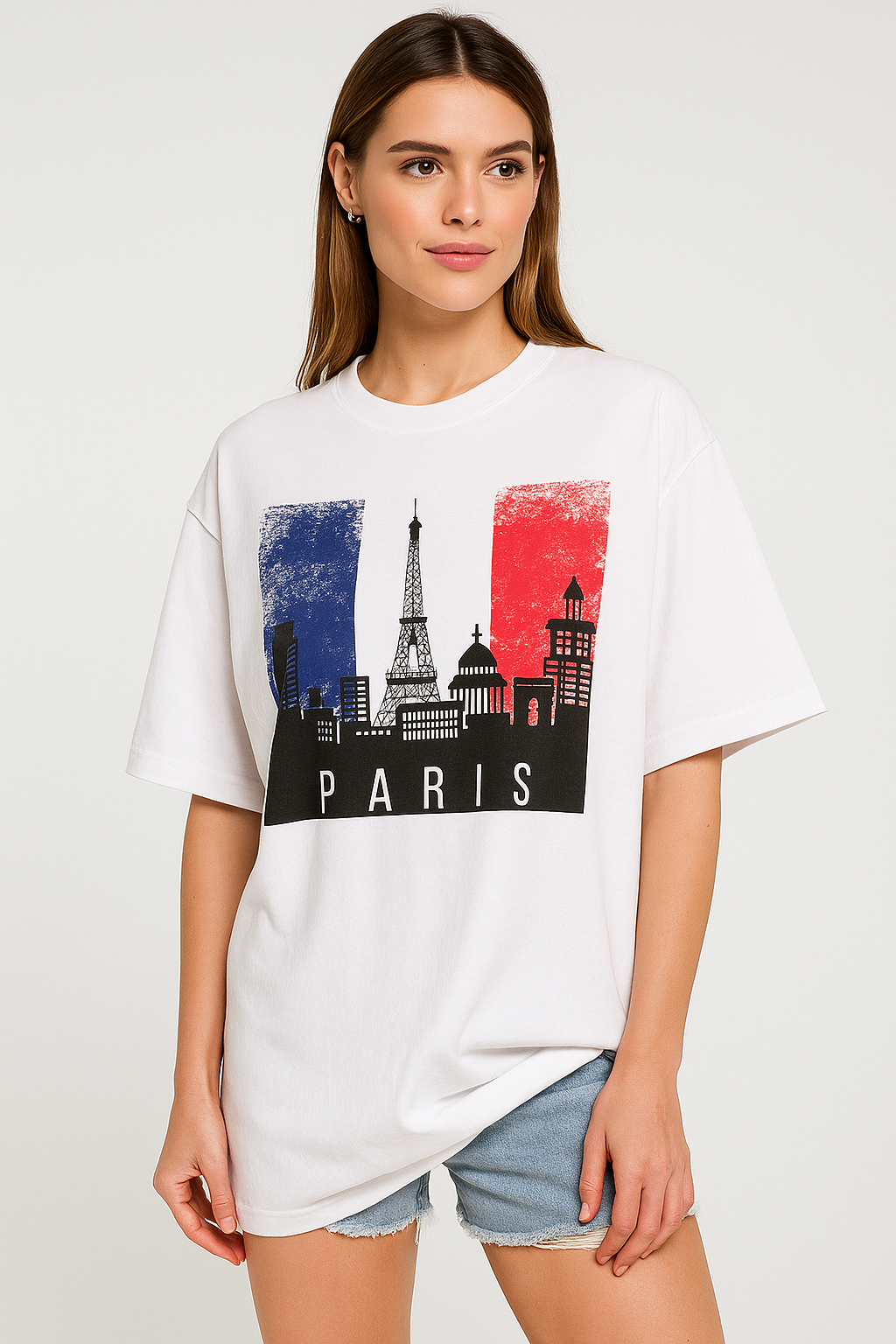 Paris Skyline with French Flag Graphic Printed Unisex T-Shirt