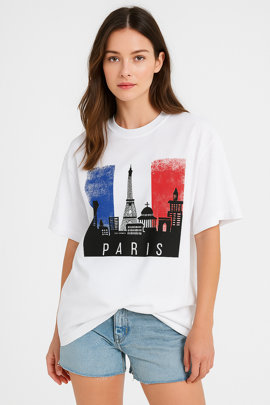 Paris Skyline with French Flag Graphic Printed Unisex T-Shirt