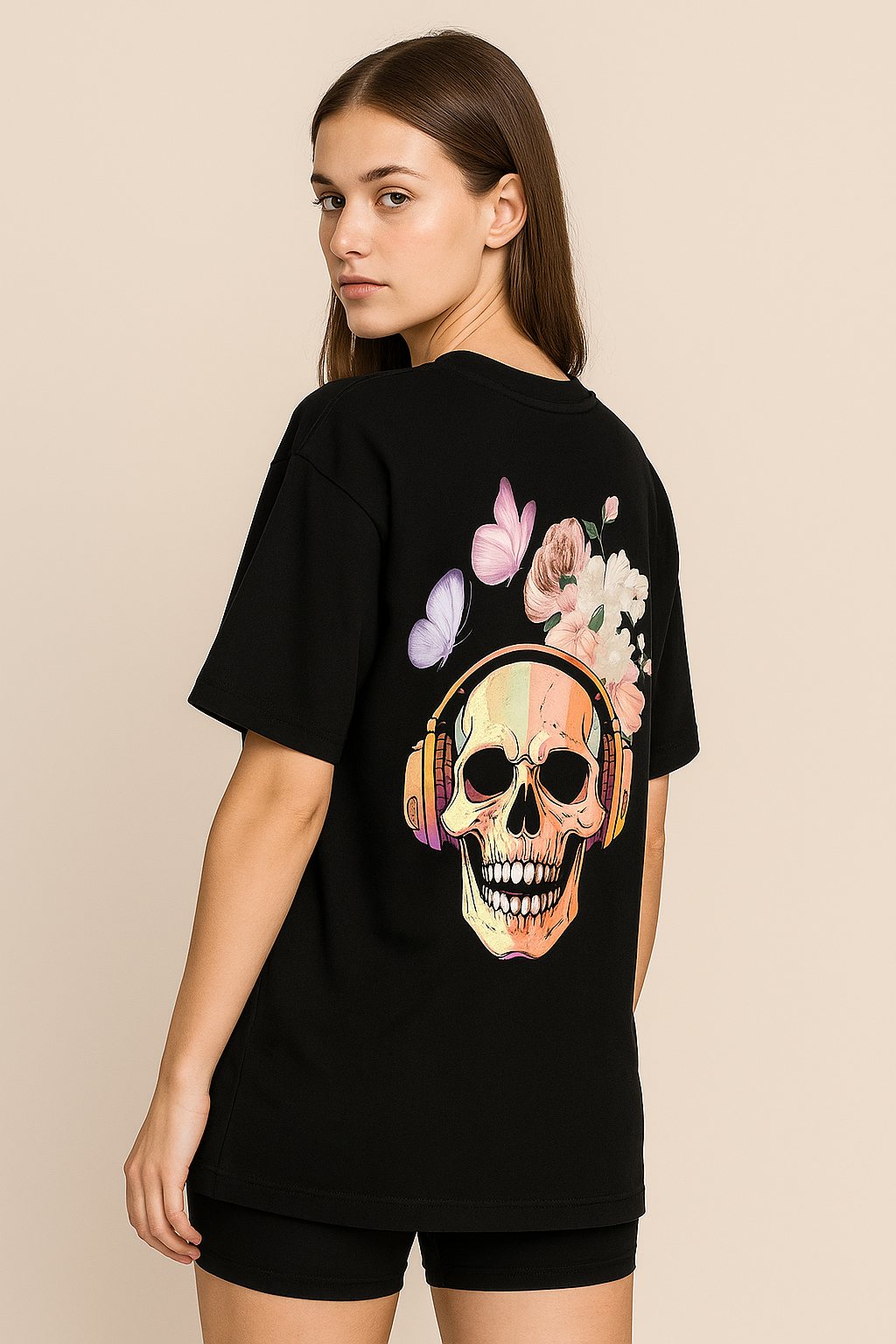 Skull with Headphones & Flowers Graphic Printed T-Shirt | Unisex Edgy & Floral Apparel