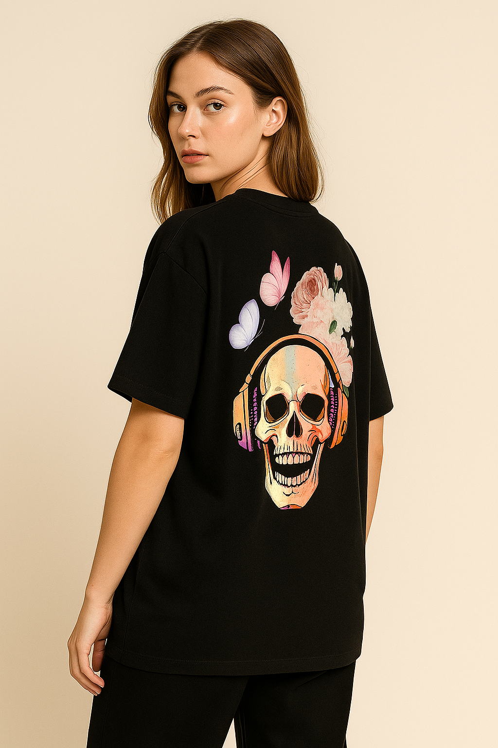 Skull with Headphones & Flowers Graphic Printed T-Shirt | Unisex Edgy & Floral Apparel