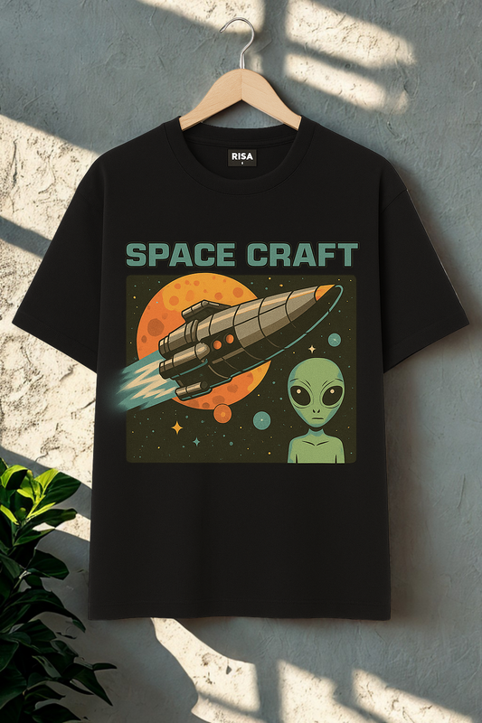Unisex "Space Craft" Alien &amp; Rocket Graphic T-Shirt | Black