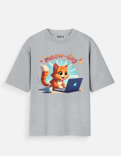 "Meow-day" Working Cat Graphic Printed T-Shirt | Unisex Cute &amp; Humorous Apparel
