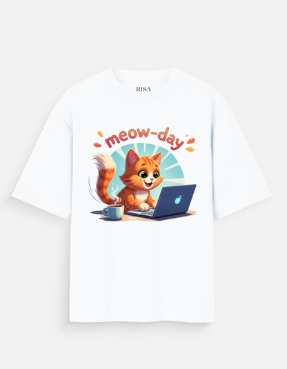 "Meow-day" Working Cat Graphic Printed T-Shirt | Unisex Cute &amp; Humorous Apparel