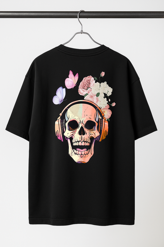 Skull with Headphones & Flowers Graphic Printed T-Shirt | Unisex Edgy & Floral Apparel