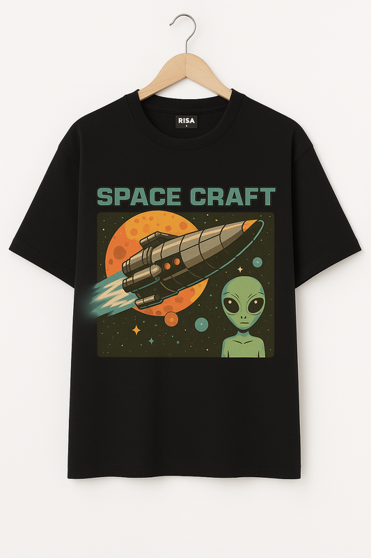 Unisex "Space Craft" Alien &amp; Rocket Graphic T-Shirt | Black