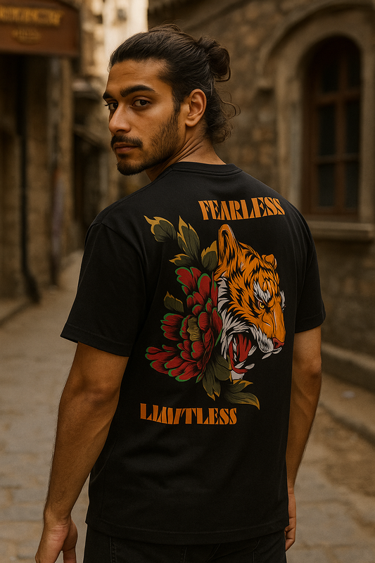 "Fearless & Limitless" Tiger and Peony Graphic Printed T-Shirt | Unisex Eastern Inspired
