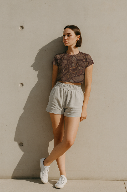 Brown Paisley Print Crop Top T-Shirt