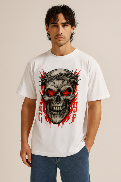 Fiery Skull with Crown of Thorns Graphic Printed T-Shirt | Unisex Edgy Apparel